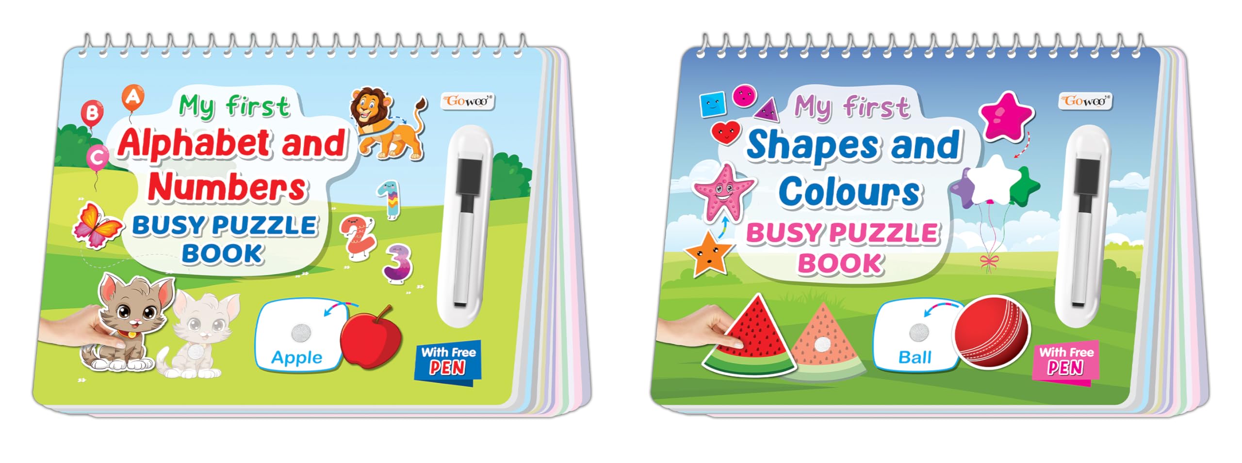 My First Alphabet & Numbers And Shapes & Colours Busy Puzzle Book : Learning Activity Book, Kids Activity Book, Montessori-Style Book With Hook And Loop, Spiral-Bound Book| Pack Of 2 Busy Puzzle Books