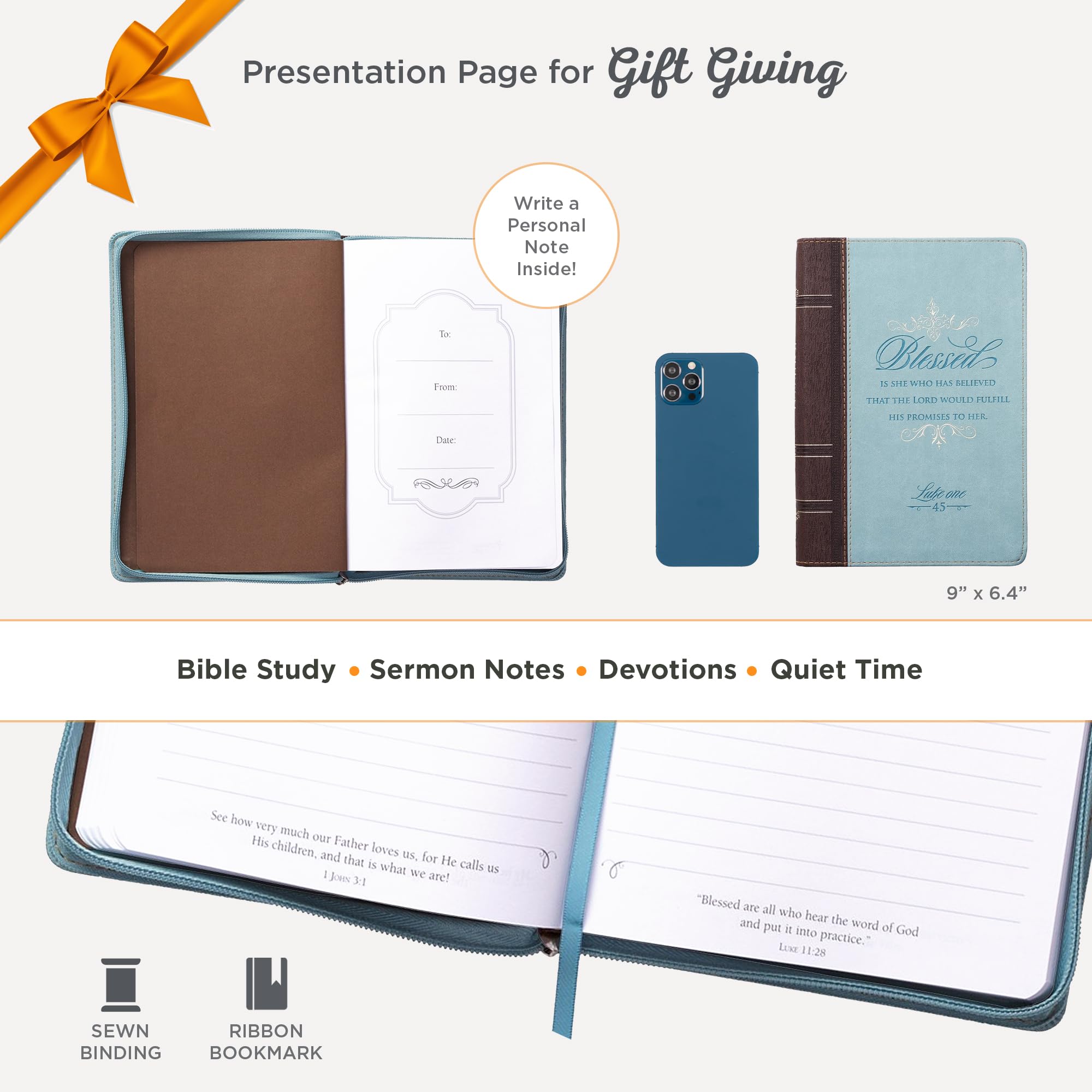 Classic Faux Leather Journal Blessed Is She Luke 1:45 Bible Verse Blue Inspirational Notebook, Lined Pages W/Scripture, Ribbon M