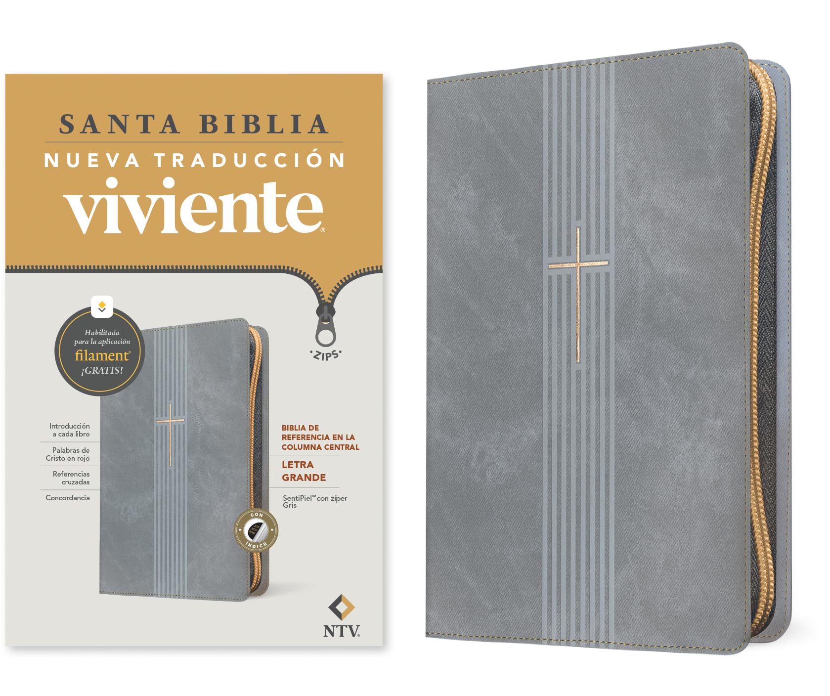 Biblia De Referencia En La Columna Central Ntv, Letra Grande De Zper Con Filament (Sentipiel, Gris, ndice, Letra Roja) (Spanish
