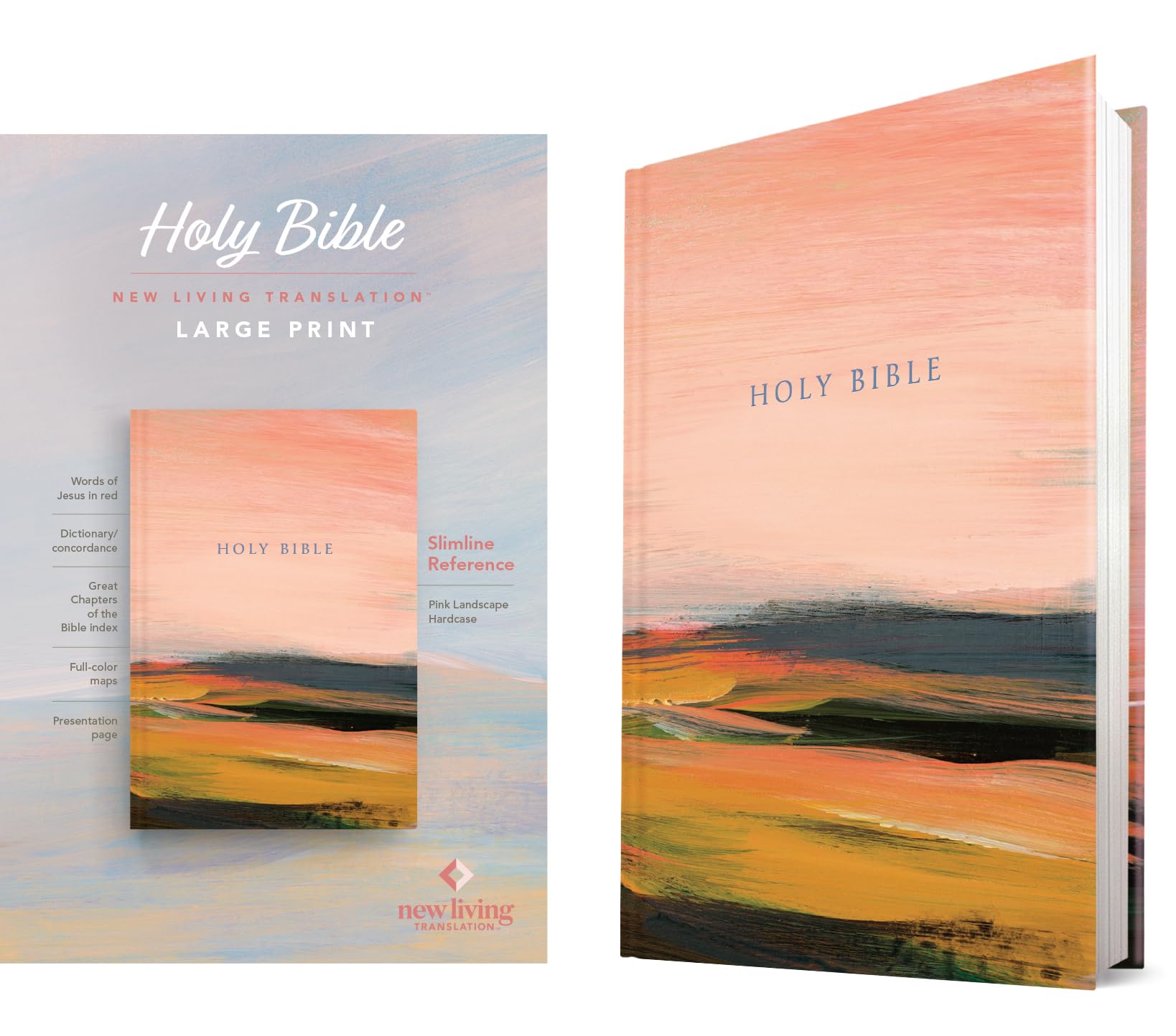 Nlt Large Print Slimline Reference Bible (Hardcover, Pink Landscape, Red Letter)