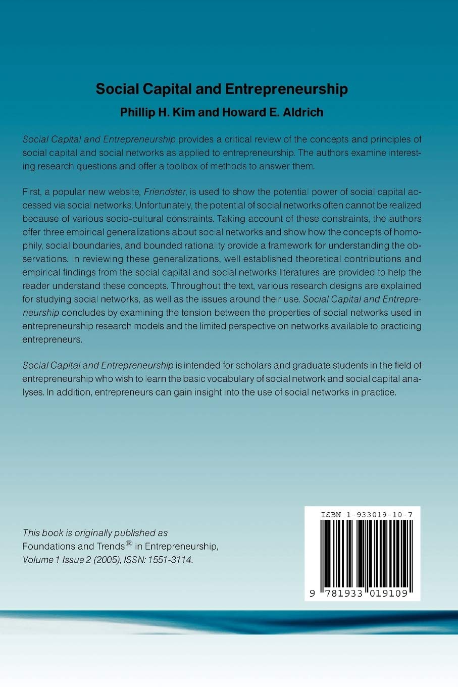 Social Capital and Entrepreneurship (Foundations and Trends(r) in Entrepreneurship),New