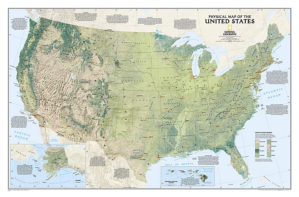 National Geographic United States Physical Wall Map  Laminated (38.25 x 25.25 in) (National Geographic Reference Map),Used
