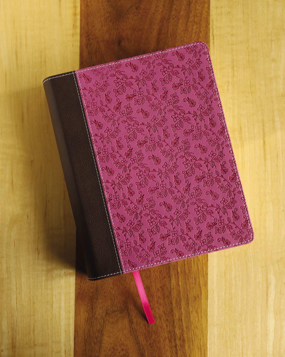 NIV, Journal the Word Bible, Large Print, Leathersoft, Pink/Brown: Reflect, Journal, or Create Art Next to Your Favorite Verses,New