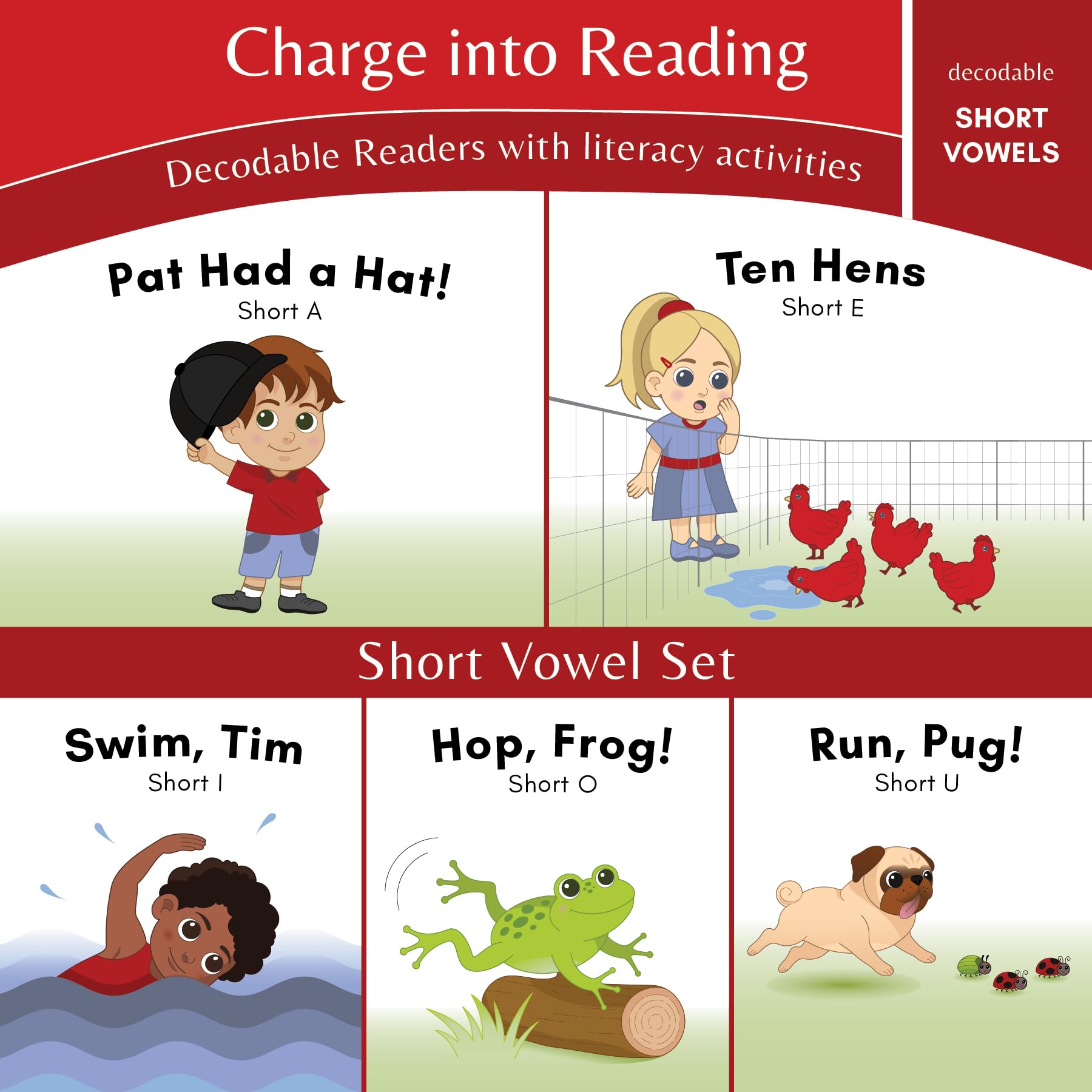 Charge Into Reading Decodable Books (Stage 1): 5 Short Vowel Decodable Readers To Help Kindergarten And First Grade Beginning Re