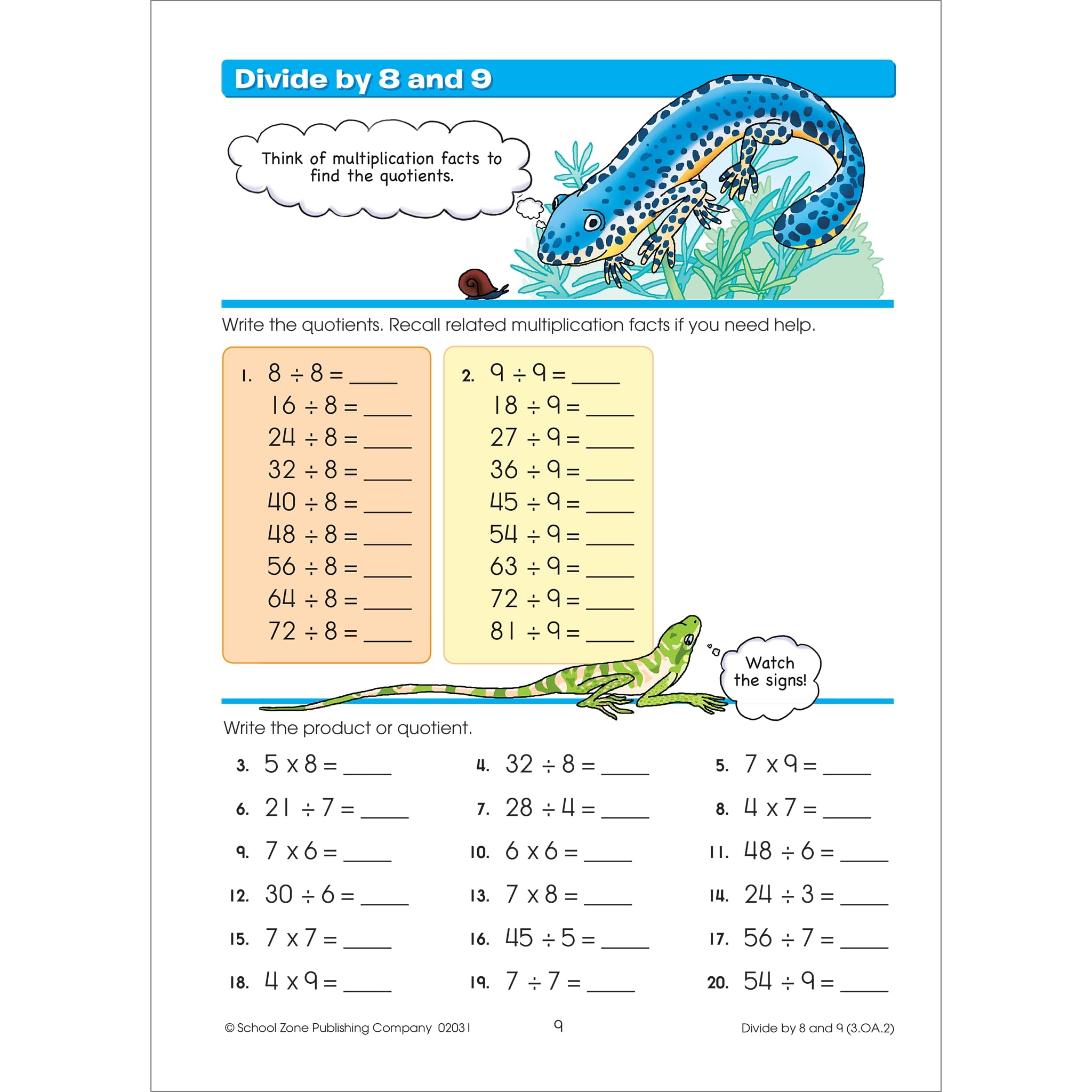 School Zone  Math Basics 3 Workbook  32 Pages, Ages 7 To 8, 3Rd Grade, Multiplication, Division, Fractions, Fact Families, Sto-used