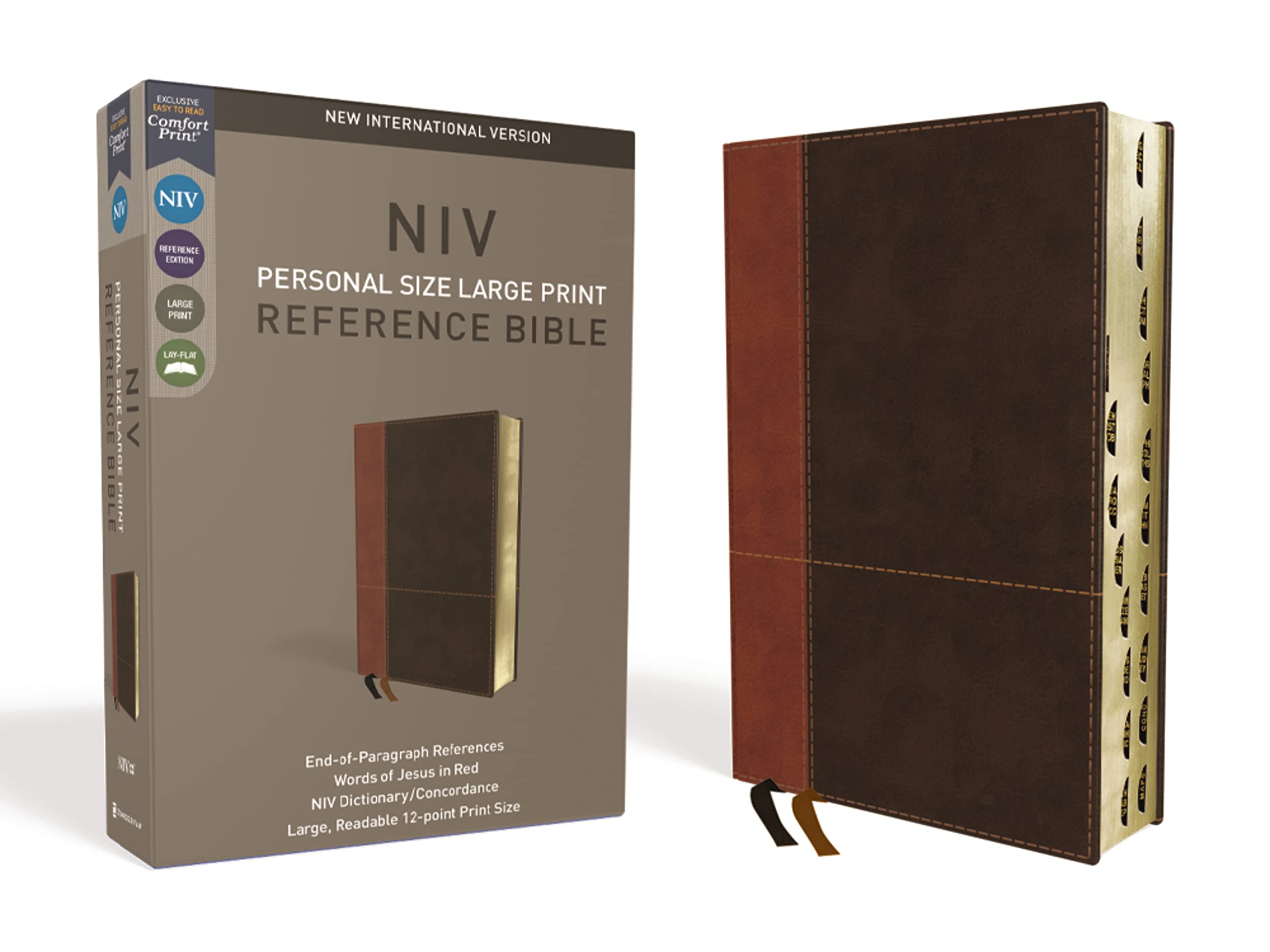 NIV, Personal Size Reference Bible, Large Print, Leathersoft, Tan/Brown, Red Letter, Thumb Indexed, Comfort Print,New
