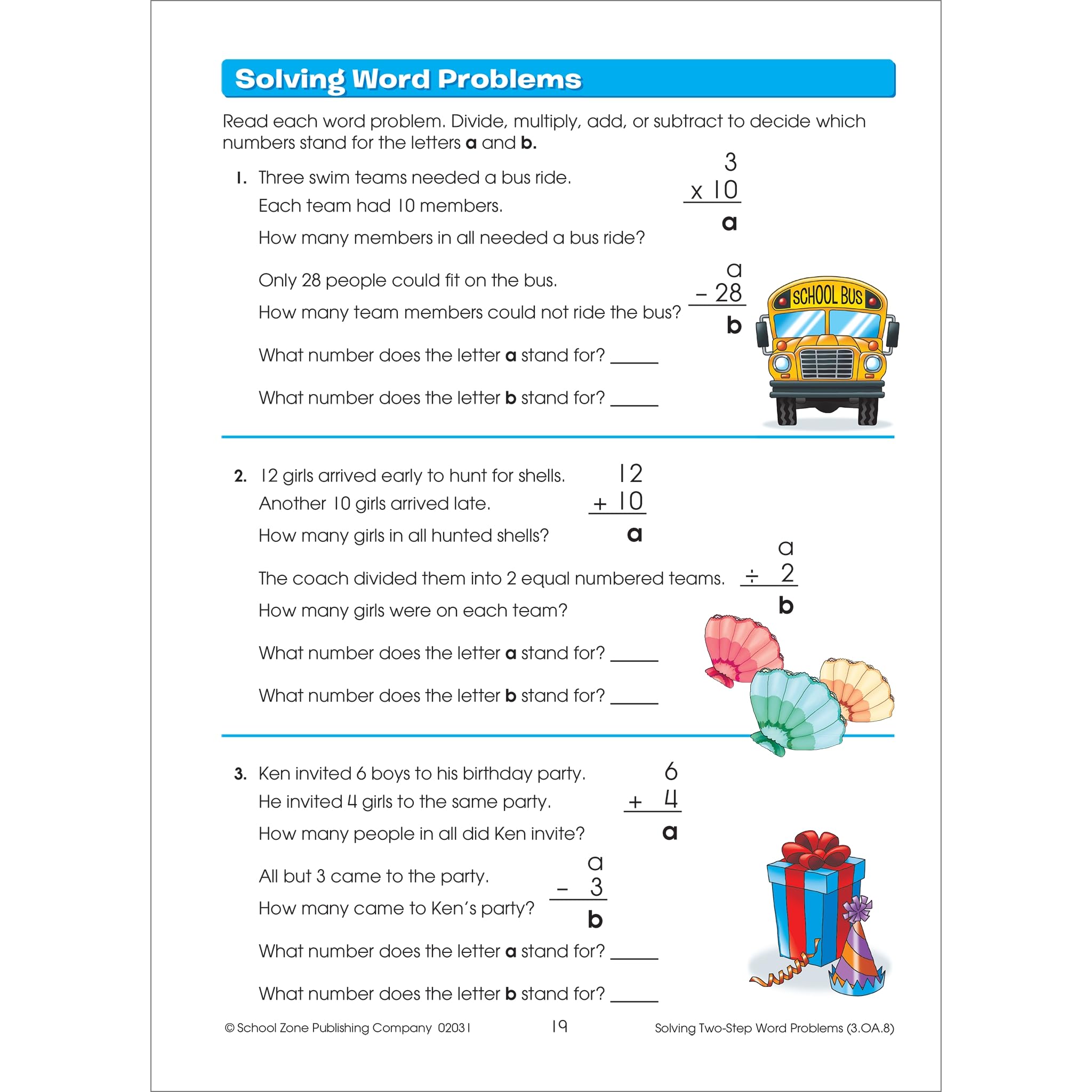 School Zone  Math Basics 3 Workbook  32 Pages, Ages 7 To 8, 3Rd Grade, Multiplication, Division, Fractions, Fact Families, Sto-used