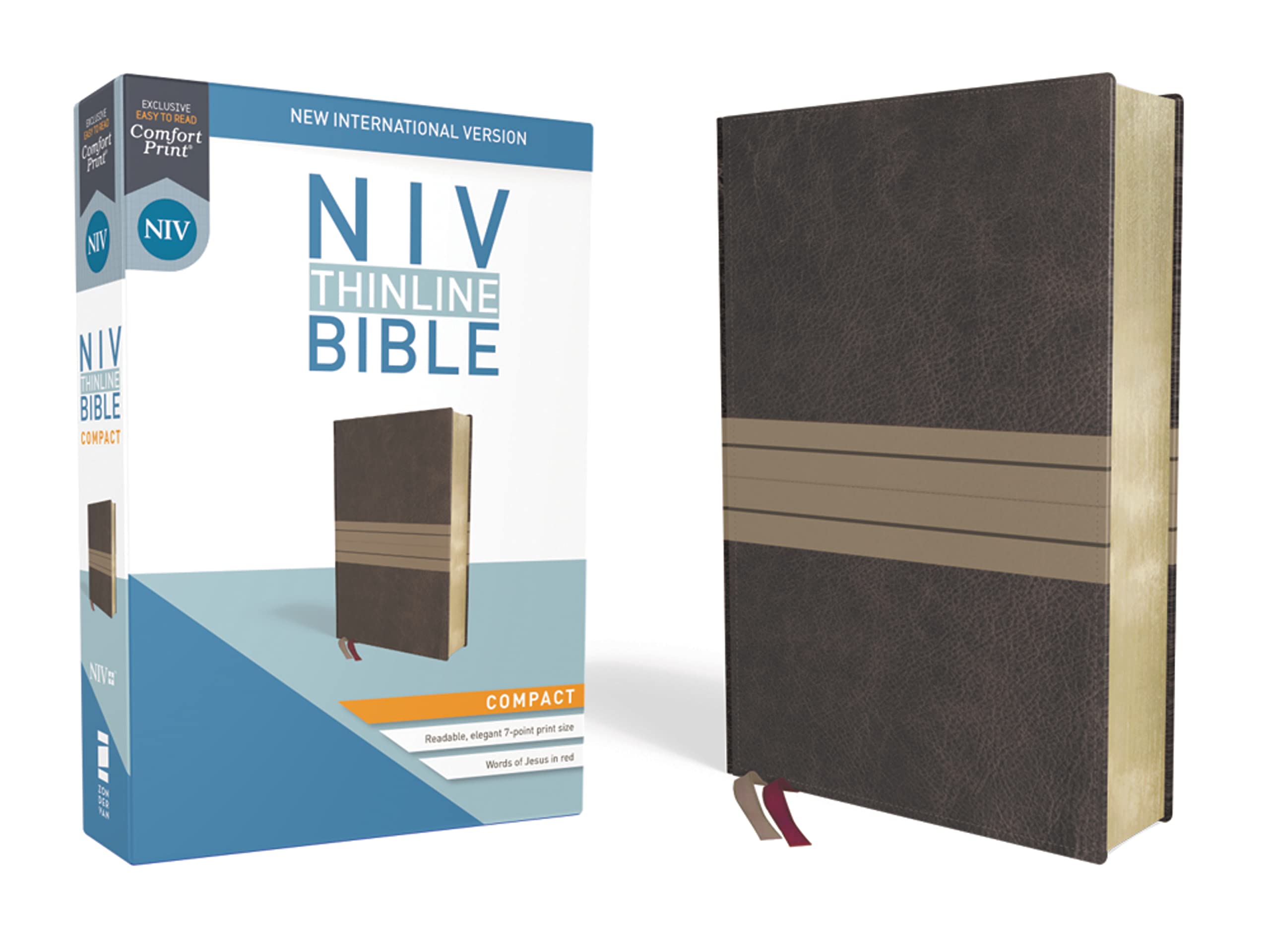 NIV, Thinline Bible, Compact, Leathersoft, Brown/Tan, Red Letter, Comfort Print,Used