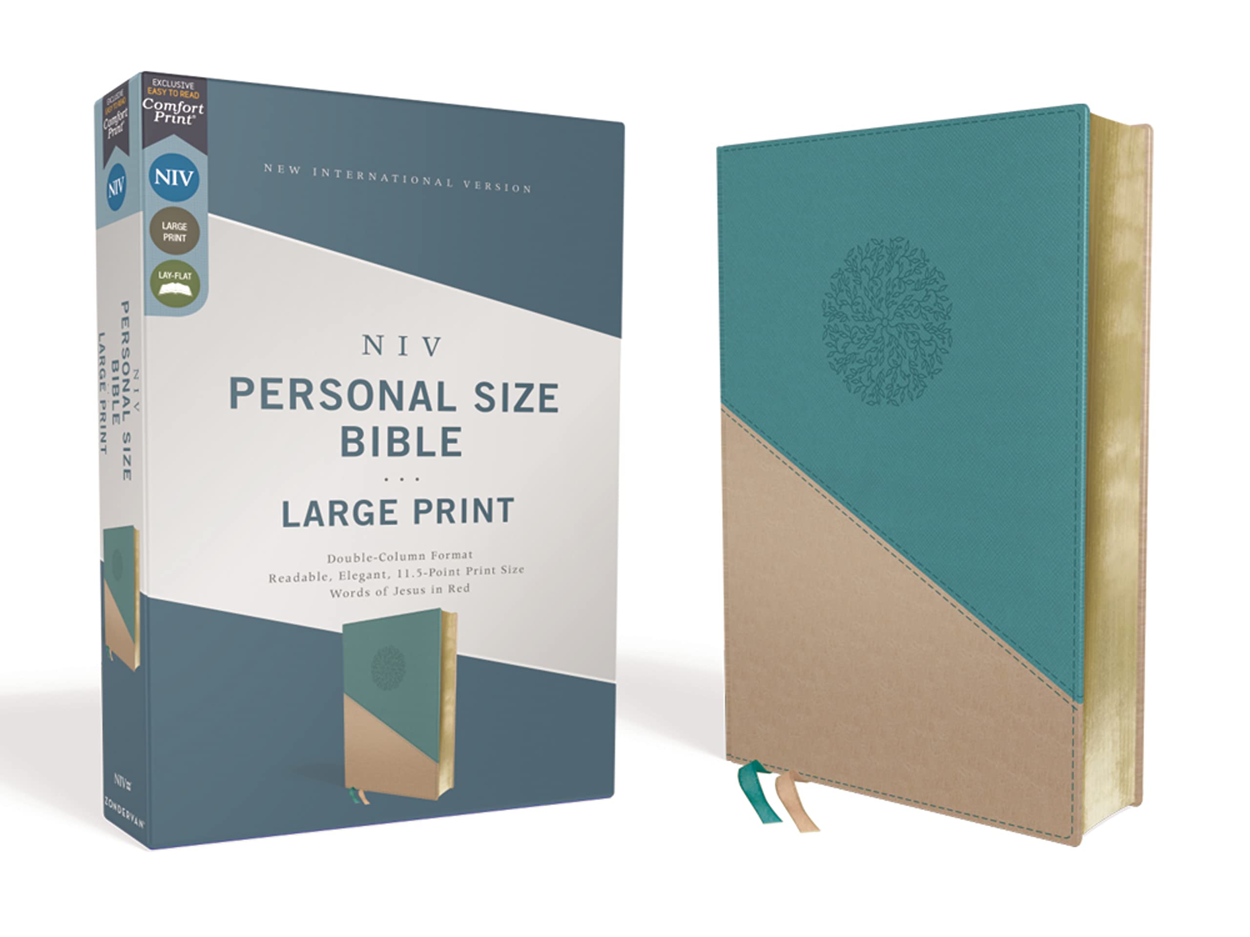 NIV, Personal Size Bible, Large Print, Leathersoft, Teal/Gold, Red Letter, Comfort Print,New
