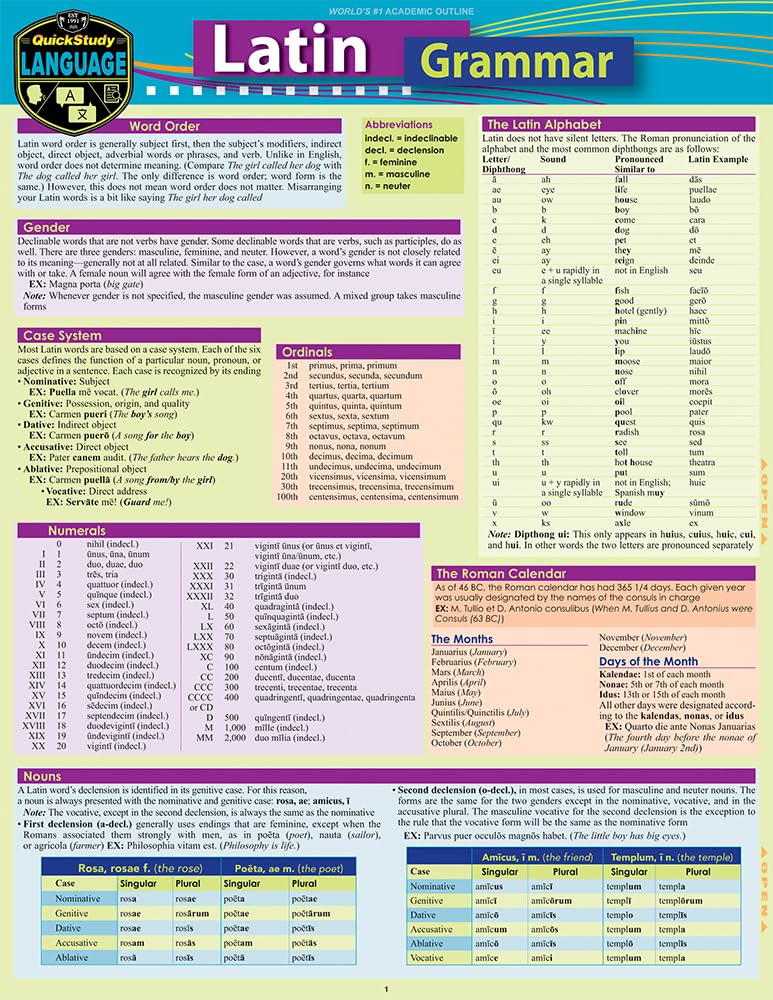 Latin Grammar (English and Latin Edition) QuickStudy Laminated Reference Guide (Quickstudy Language),New