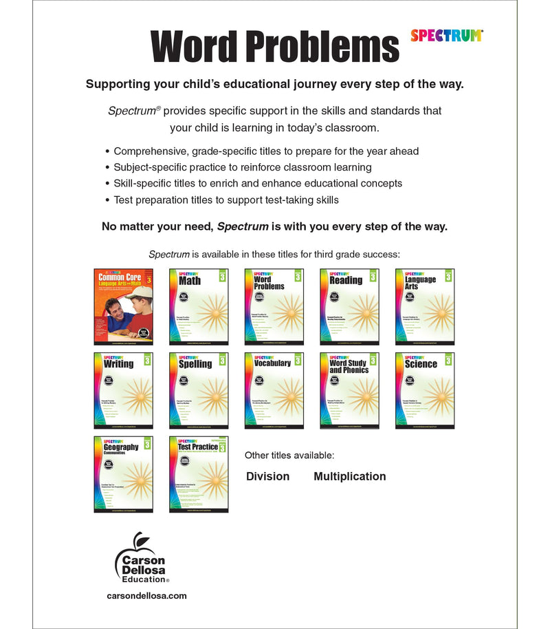 Spectrum Word Problems 3Rd Grade Math Workbook, Geometry, Algebra Prep, Fractions, Telling Time, Money, And More Mathematics, Cl,Used