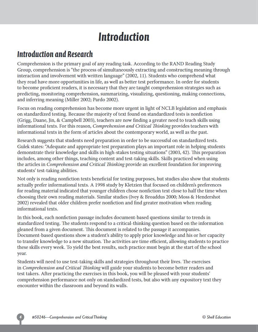 Comprehension and Critical Thinking 6th Grade  Sixth grade workbook with lessons to improve comprehension, critical thinking an,Used