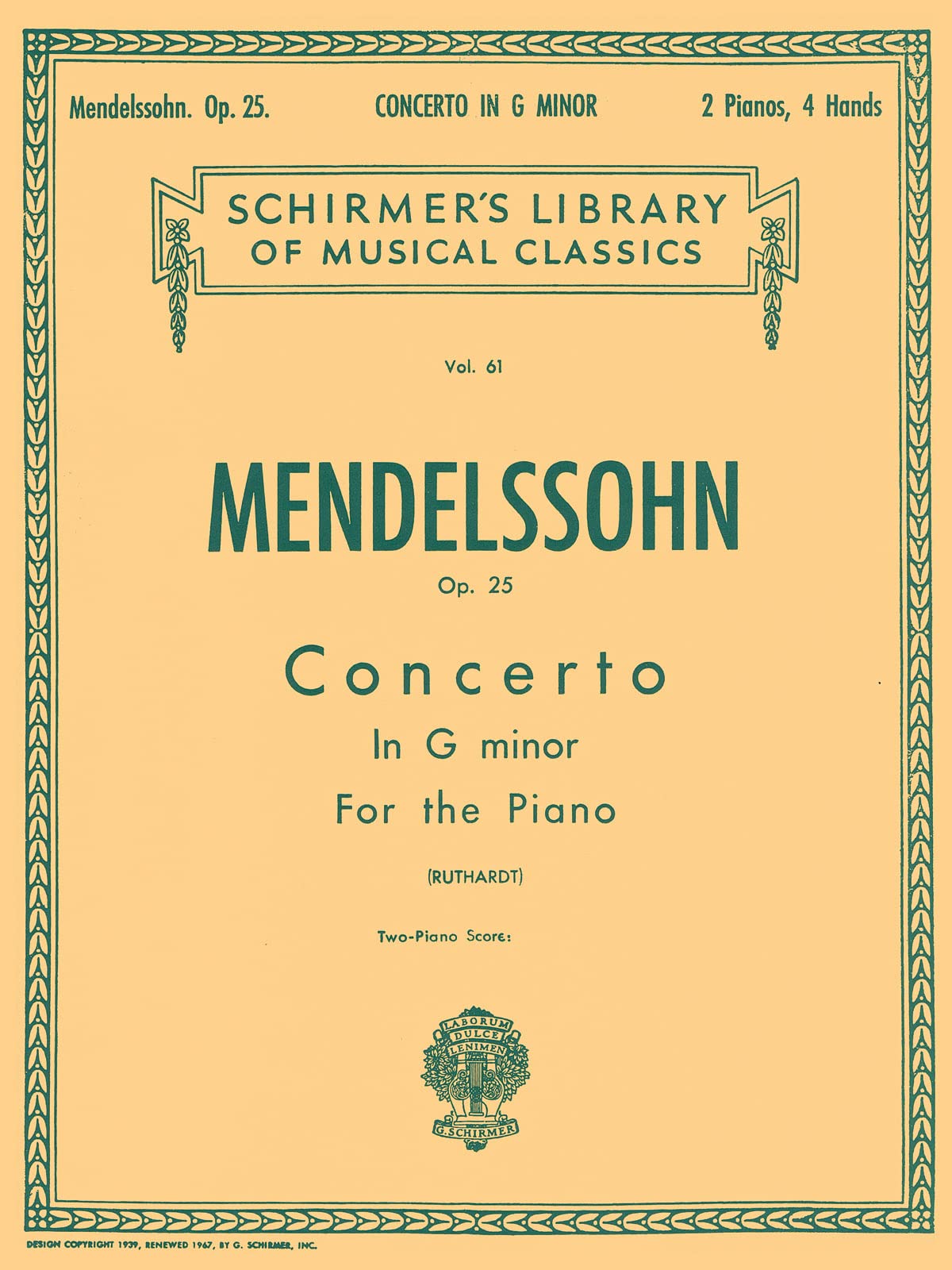 Concerto No. 1 in G Minor, Op. 25: Schirmer Library of Classics Volume 61 Piano Duet NFMC 20242028 Selection (Schirmer's Librar,Used