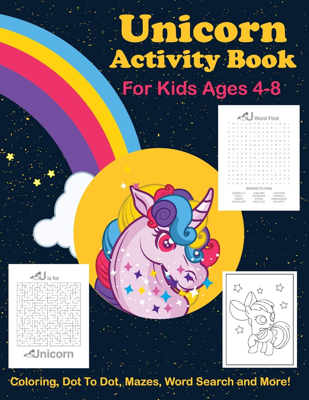 Unicorn Activity Book For Kids Ages 48 Coloring, Dot To Dot, Mazes, Word Search And More,Used