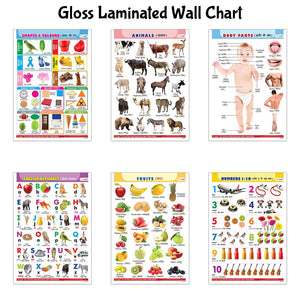Childrens Gloss Laminated Wall Charts :- Alphabet, Fruits, Animals, Body Parts, Numbers And Shapes & Colours - Learning Posters For Kids, Fun & Educational Charts | Combo Of 6 English-Hindi Charts