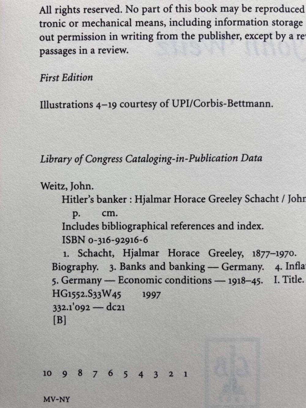 Hitler'S Banker: Hjalmar Horace Greeley Schacht,Used
