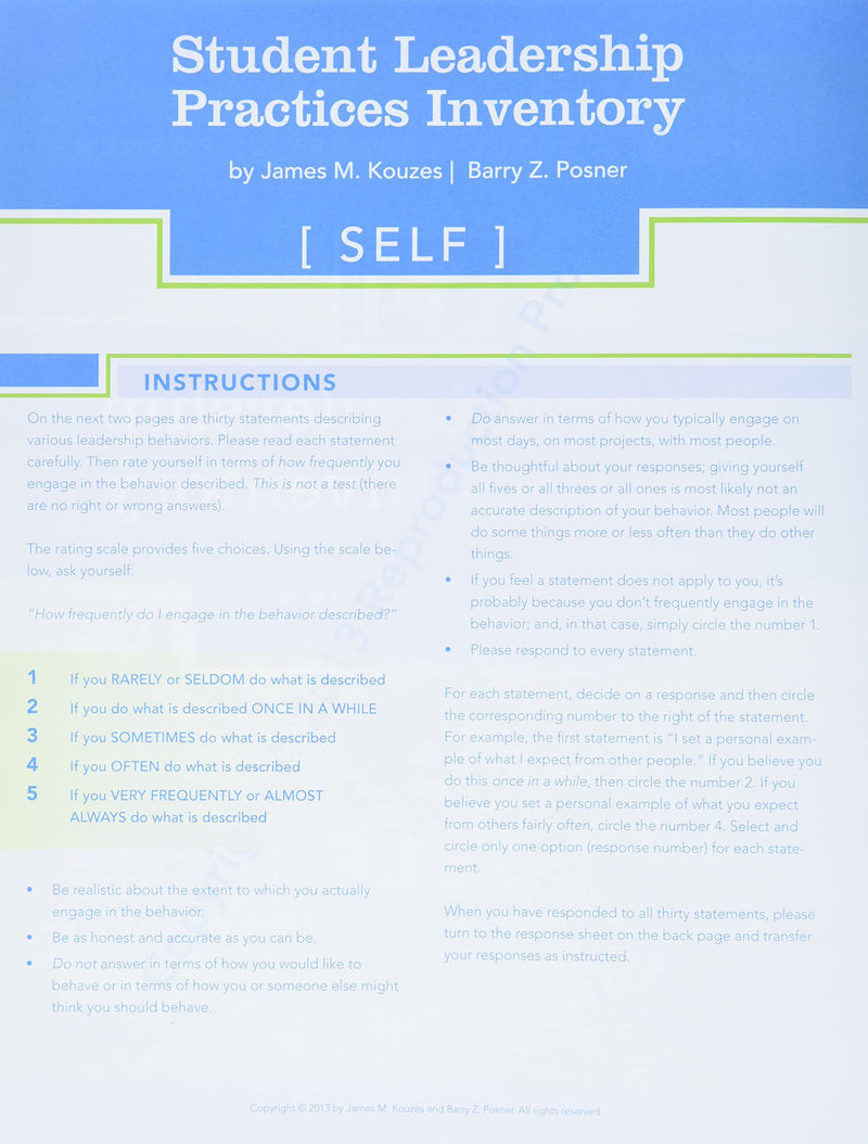 The Student Leadership Practices Inventory: Self Assessment,Used