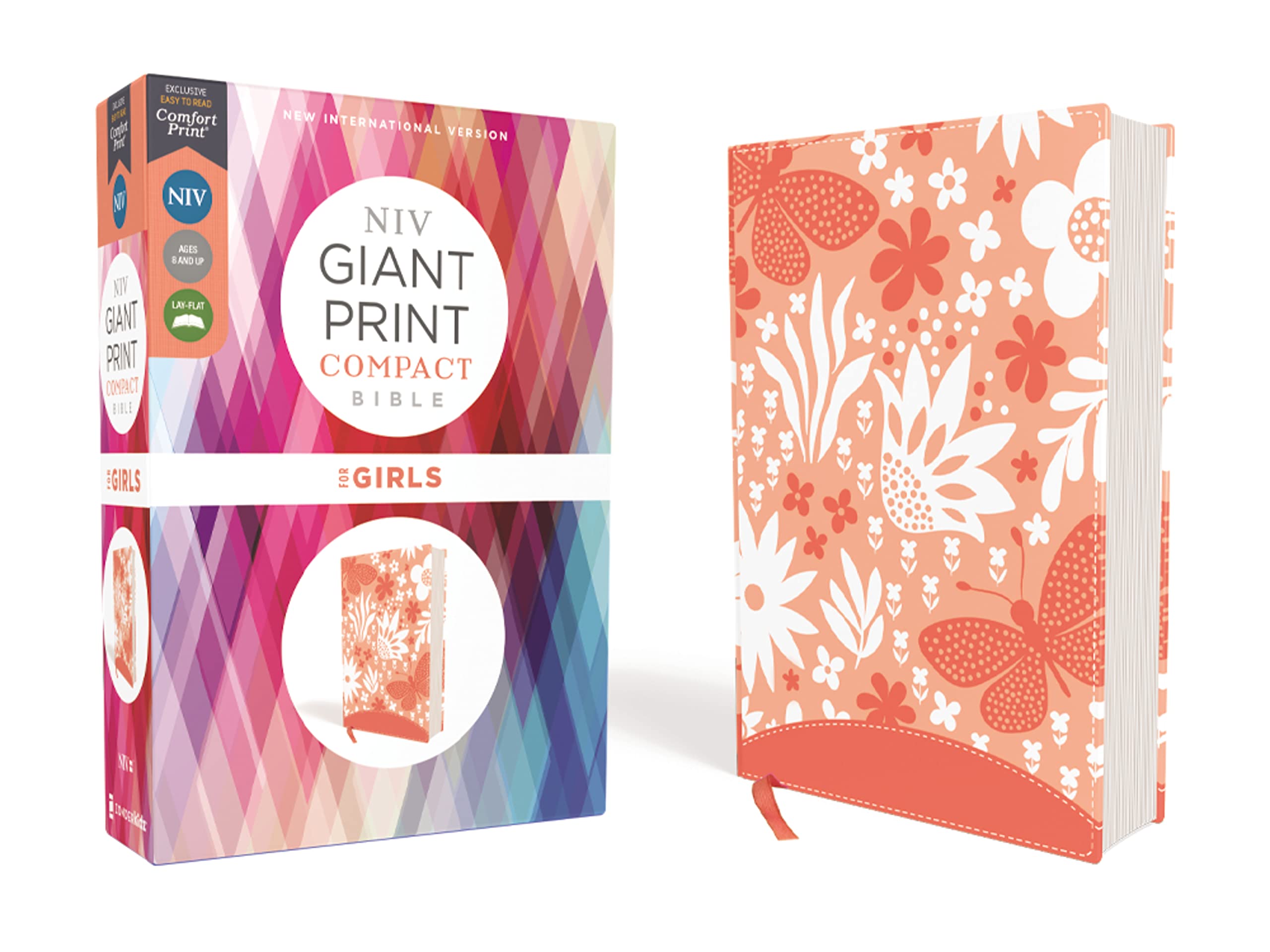 NIV, Giant Print Compact Bible for Girls, Leathersoft, Coral, Red Letter, Comfort Print,Used