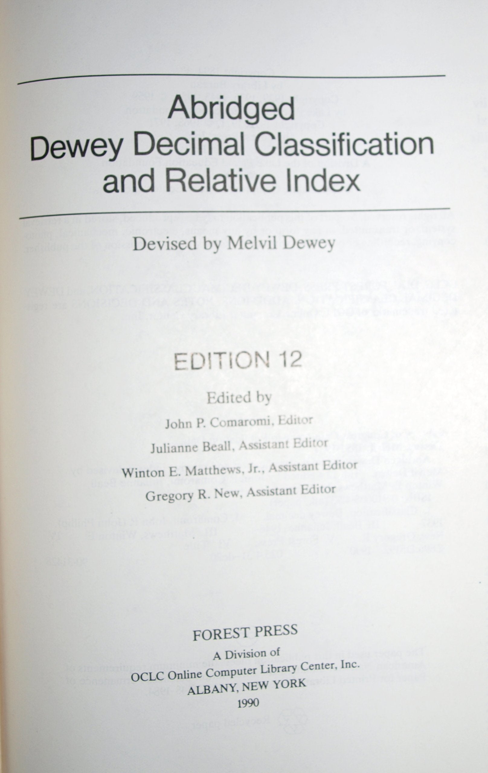 Abridged Dewey Decimal Classification and Relative Index, 12th Edition,Used