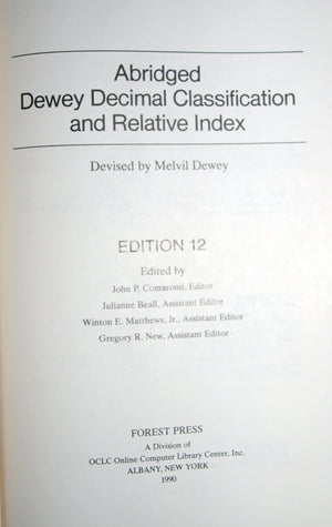 Abridged Dewey Decimal Classification and Relative Index, 12th Edition,Used