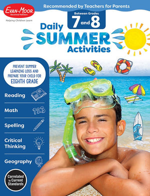 EvanMoor Daily Summer Activities, Grade 78 Workbook, Prevent Learning Loss, Reading Comprehension, Writing, Math, Grammar, Pun,Used