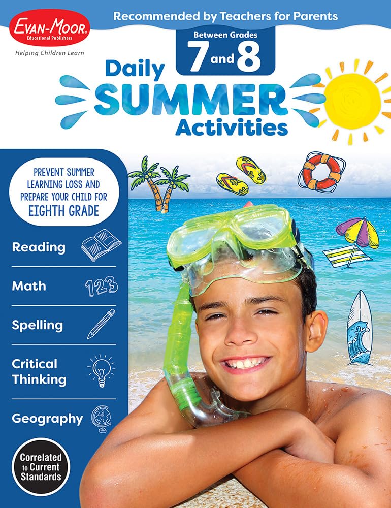 EvanMoor Daily Summer Activities, Grade 78 Workbook, Prevent Learning Loss, Reading Comprehension, Writing, Math, Grammar, Pun,Used