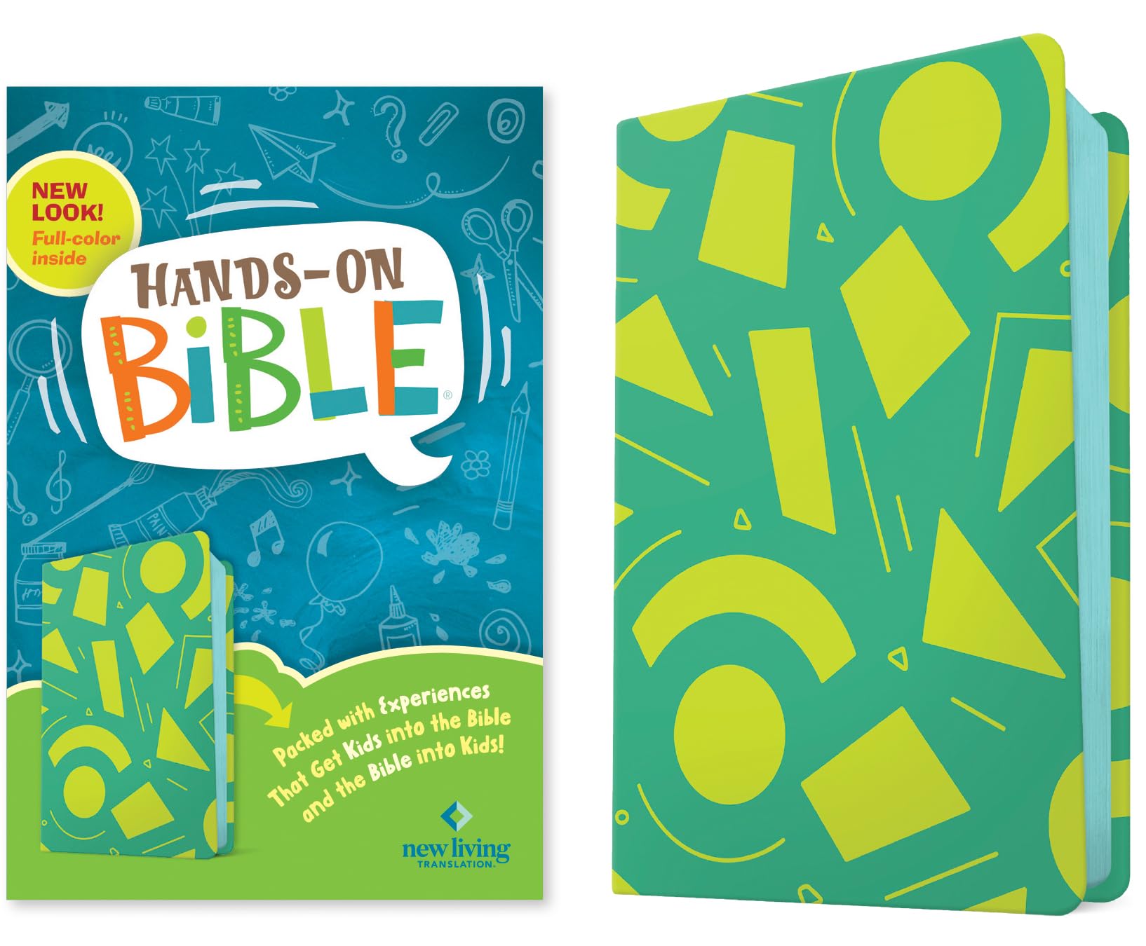 NLT HandsOn Bible for Kids, 3rd Edition (Green Lines and Shapes LeatherLike): FullColor, Family Activities, Amazing Facts, Cha,New