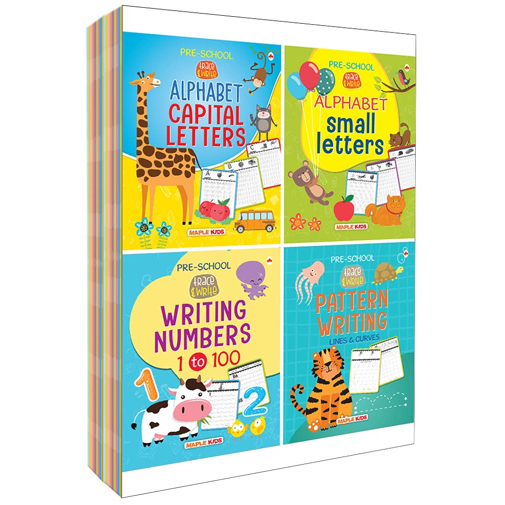 Writing Books For Kids | 3 To 5 Years Old Children | Learn And Practice Abc Capital Letters, Small Letters, Number 1-100, Pattern Writing (Set Of 4 Books) - Lkg