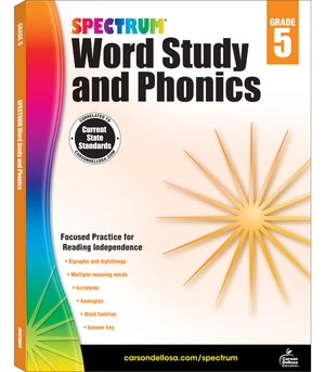 Spectrum Grade 5 Word Study and Phonics Workbook, Language Arts Book Covering Vocabulary, Dictionary Skills, Spelling, Digraphs,,New