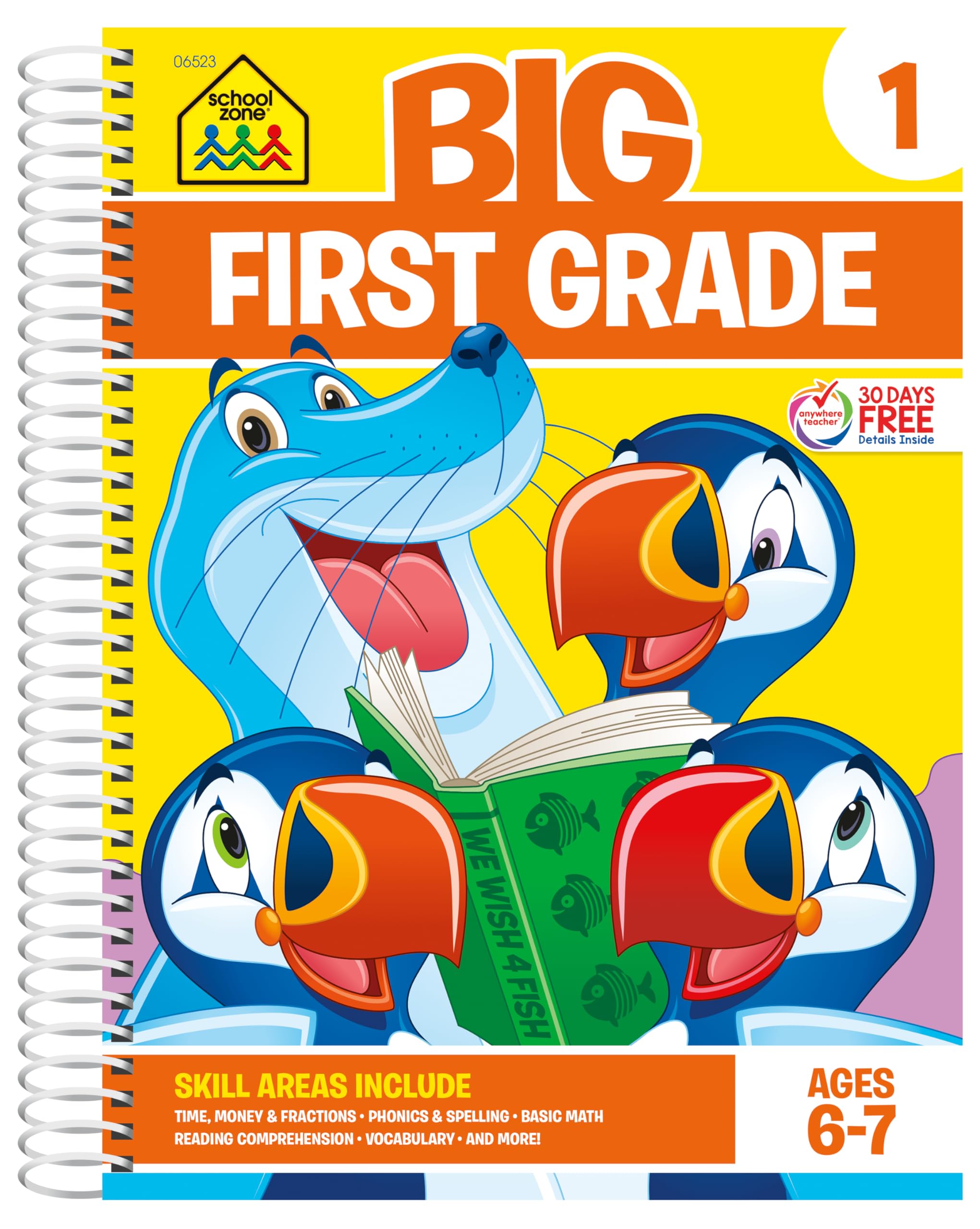 School Zone  Big First Grade Workbook  320 Spiral Pages, Ages 6 to 7, 1st Grade, Reading, Parts of Speech, Basic Math, Word Pr,New