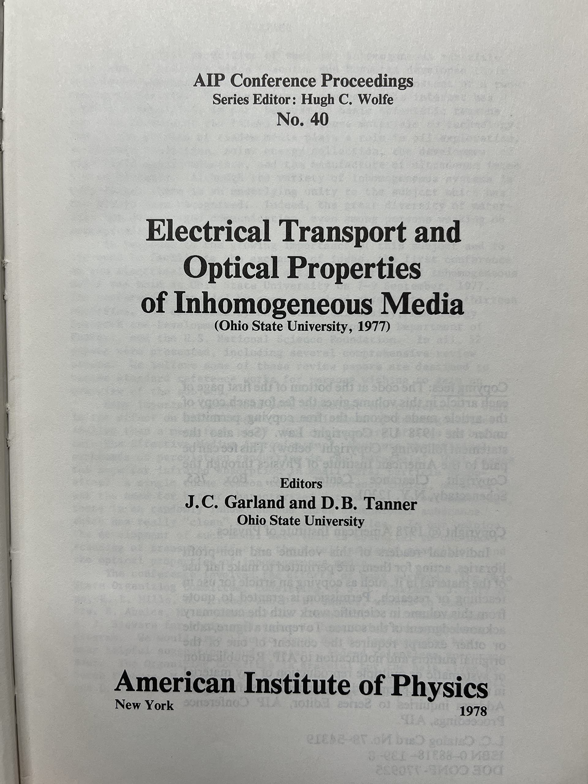 Electrical Transport And Optical Properties Of Inhomogeneous Media (Aip Conference Proceedings, 40)-used