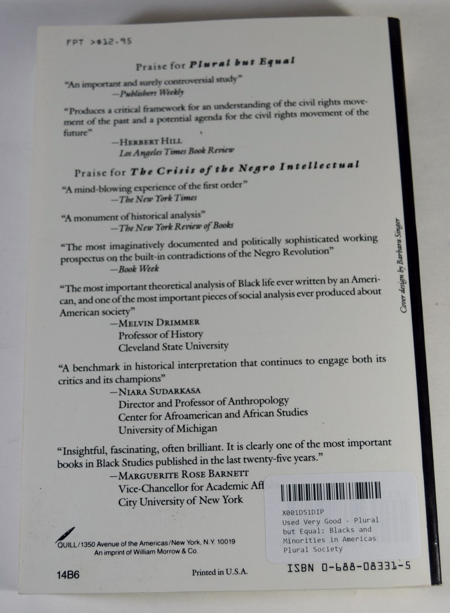 Plural But Equal: Blacks And Minorities In America'S Plural Society,New