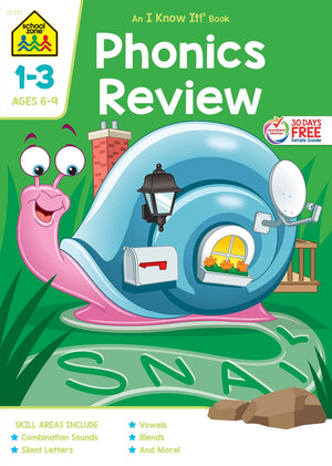 School Zone  Phonics Review 13 Workbook  64 Pages, Ages 6 To 9, Grades 1 To 3, Combination Sounds, Short Letters, Vowels, And