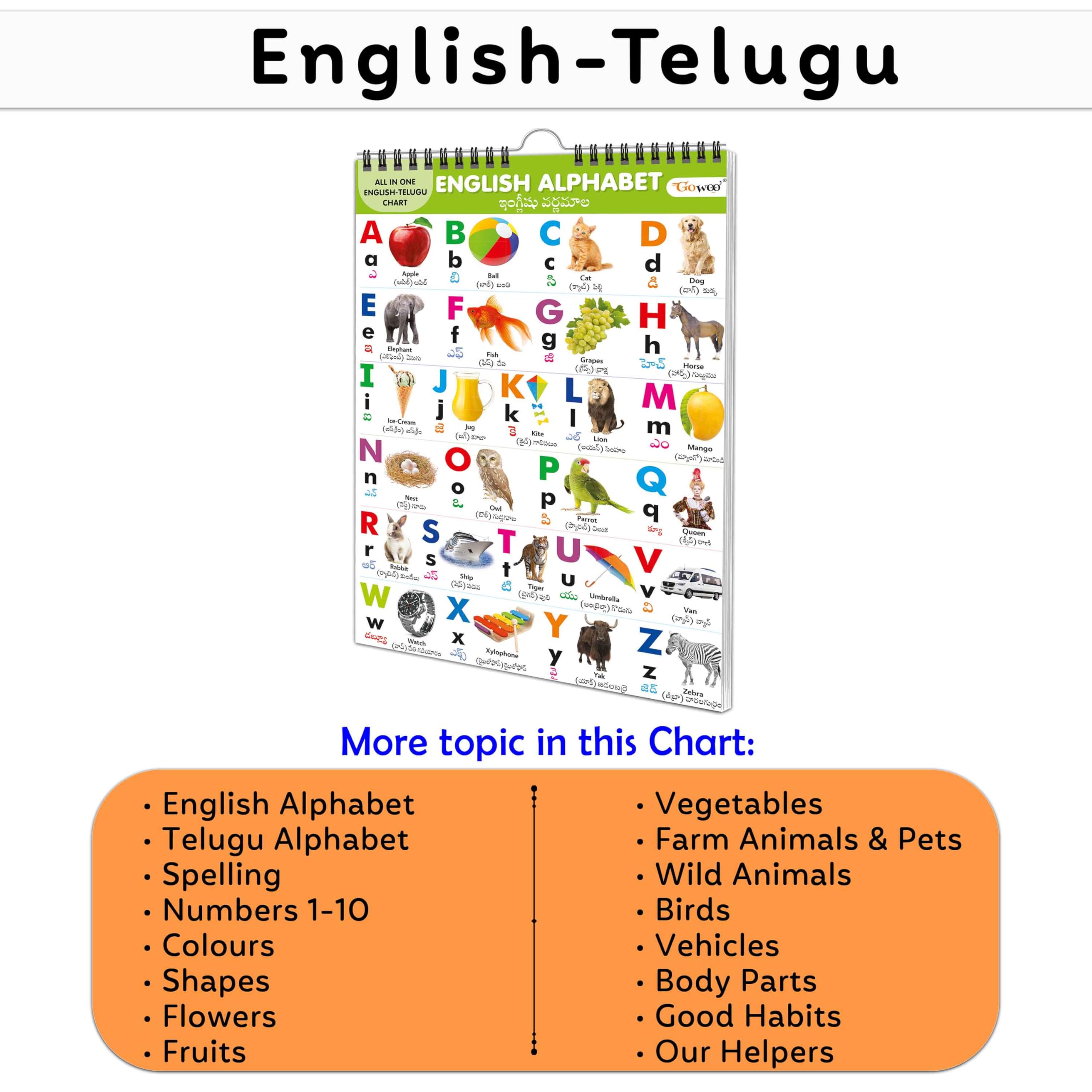 My First All In One Spiral Chart English-Telugu : Early Learning Chart Book Collections, Chart Book With 16 Topics, Gift For Kids