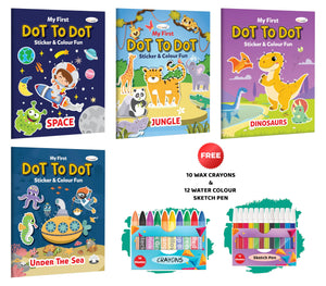 My First Dot To Dot Sticker & Colour Fun - Under The Sea, Jungle, Space And Dinosaurs With 10 Wax Crayons And 12 Water Colour Sketch Pen : Kids Colouring Book | Combo Of 4 Colouring Books