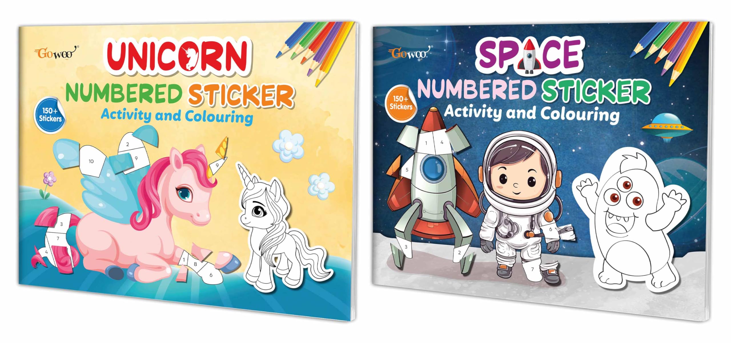 Unicorn And Space Numbered Sticker Activity And Colouring Books For Age 3+ Kids : Educational Activity Book, Sticker Play And Color Book For Children With Over 150+ Stickers | Pack Of 2 Books