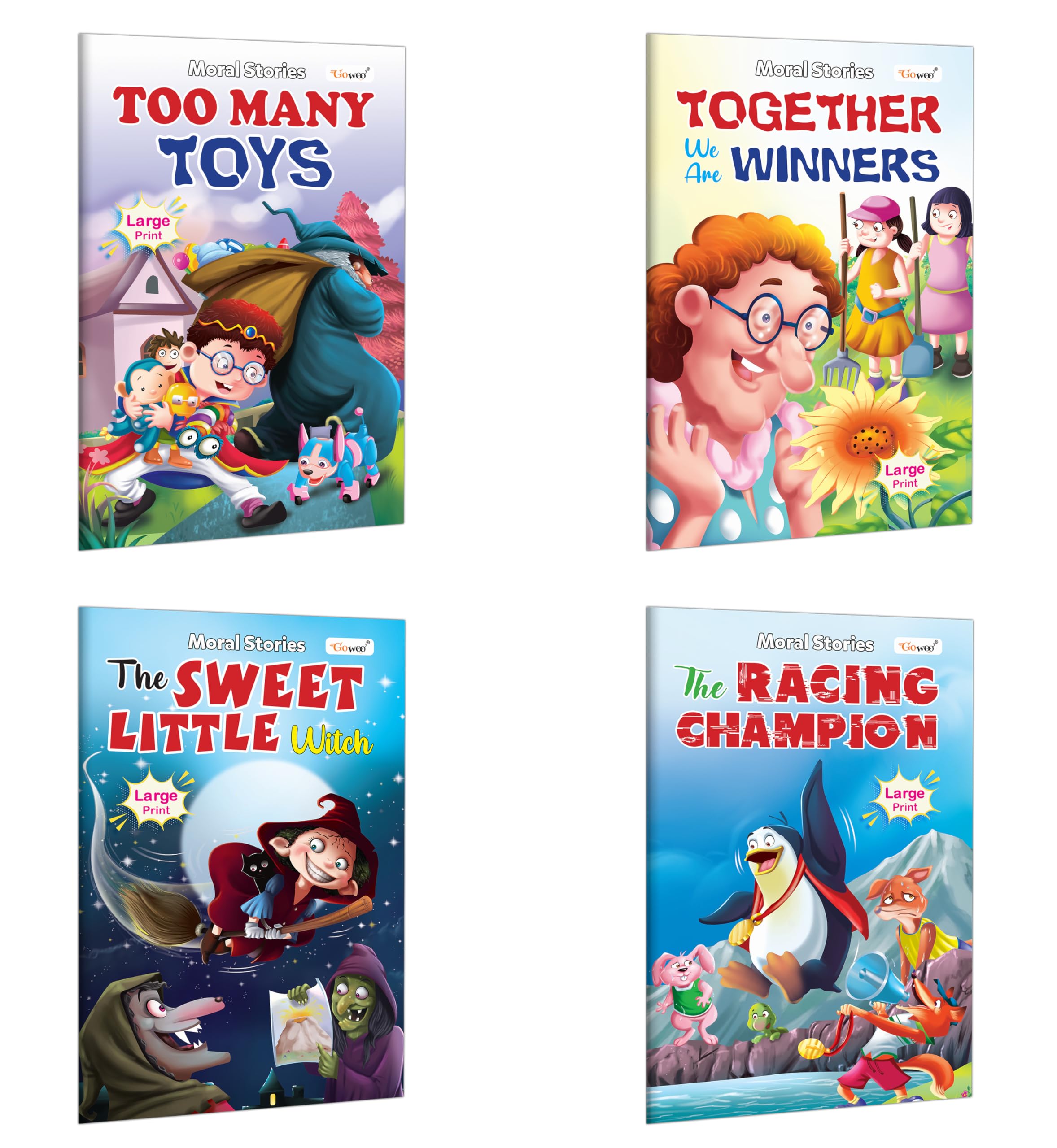 Too Many Toys, Together We Are Winners, The Sweet Little Witch And The Racing Champion - Moral Stories :- Educational Books For Toddlers, Kids Story Book With Morals | Combo Of 4 Books