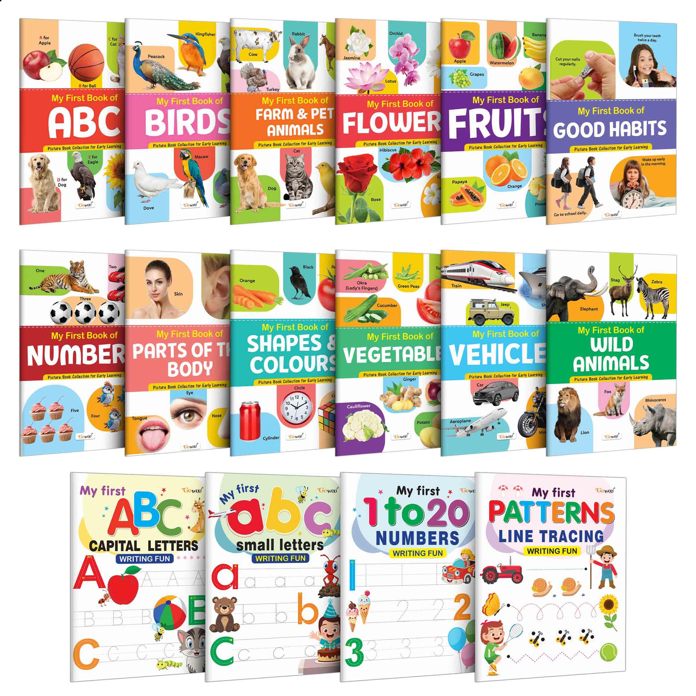 My First Book Of Abc, Numbers, Fruits, Birds & Many More And My First Capital And Small, Numbers 1-10 And Line Tracing Patterns Writing Fun Book : Kids Educational Writing Book | Pack Of 16 Books