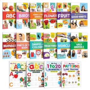 My First Book Of Abc, Numbers, Fruits, Birds & Many More And My First Capital And Small, Numbers 1-10 And Line Tracing Patterns Writing Fun Book : Kids Educational Writing Book | Pack Of 16 Books