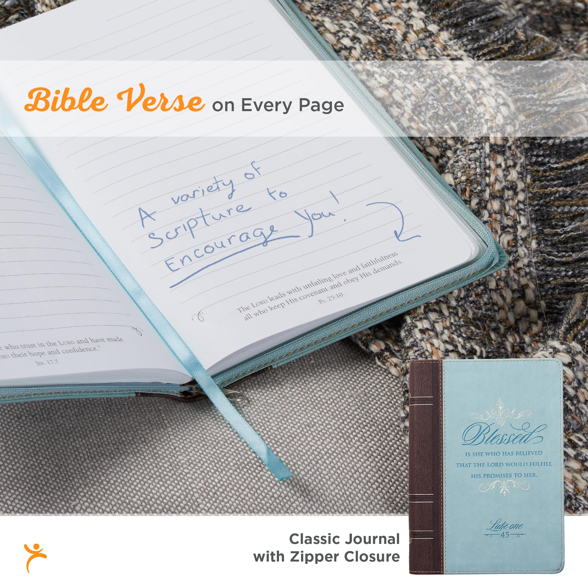 Classic Faux Leather Journal Blessed Is She Luke 1:45 Bible Verse Blue Inspirational Notebook, Lined Pages W/Scripture, Ribbon M