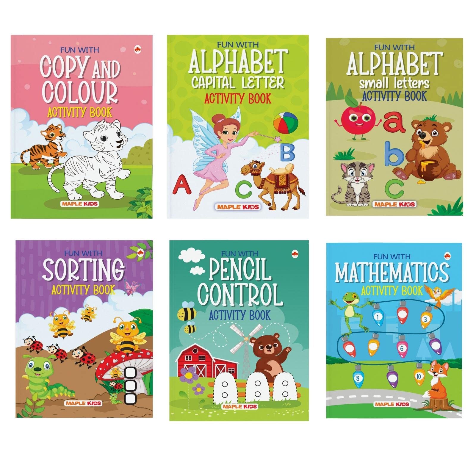 Brain Booster Activity Book Set (Set Of 6 Books) (Colourful Pages) - 3 Years To 5 Years Old - Mathematics, Sorting, Copy And Colour, Pencil Control, ... Letters, Small Letters - Fun Early Learning