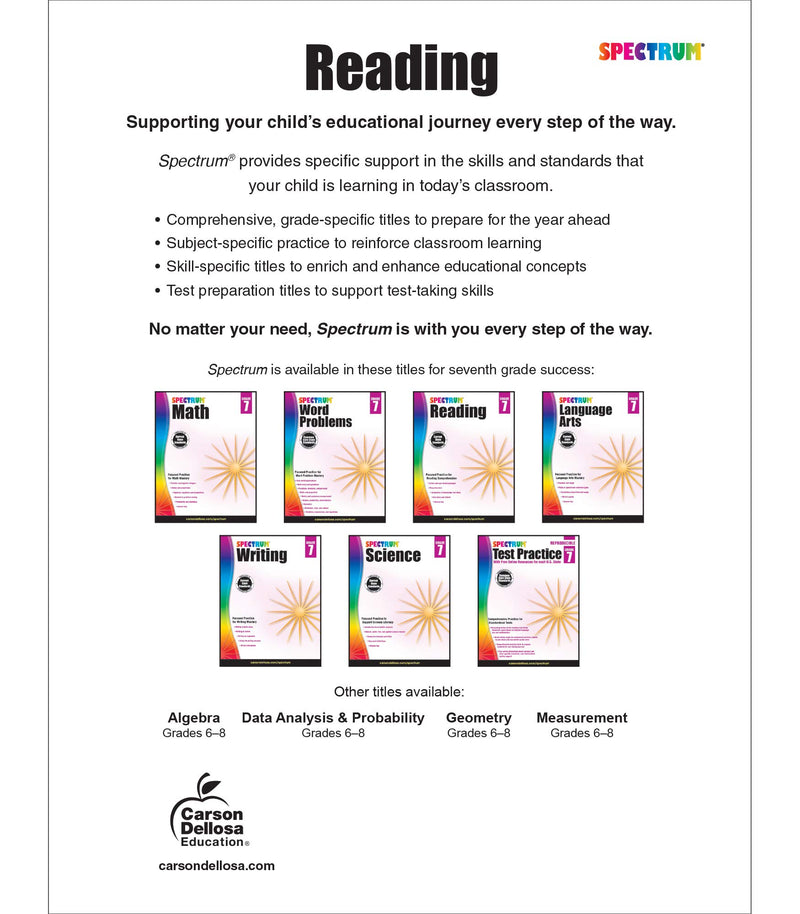 Spectrum Grade 7 Reading Workbook, Middle School Books With Nonfiction and Fiction Passages and Learning Activities, Classroom o,New