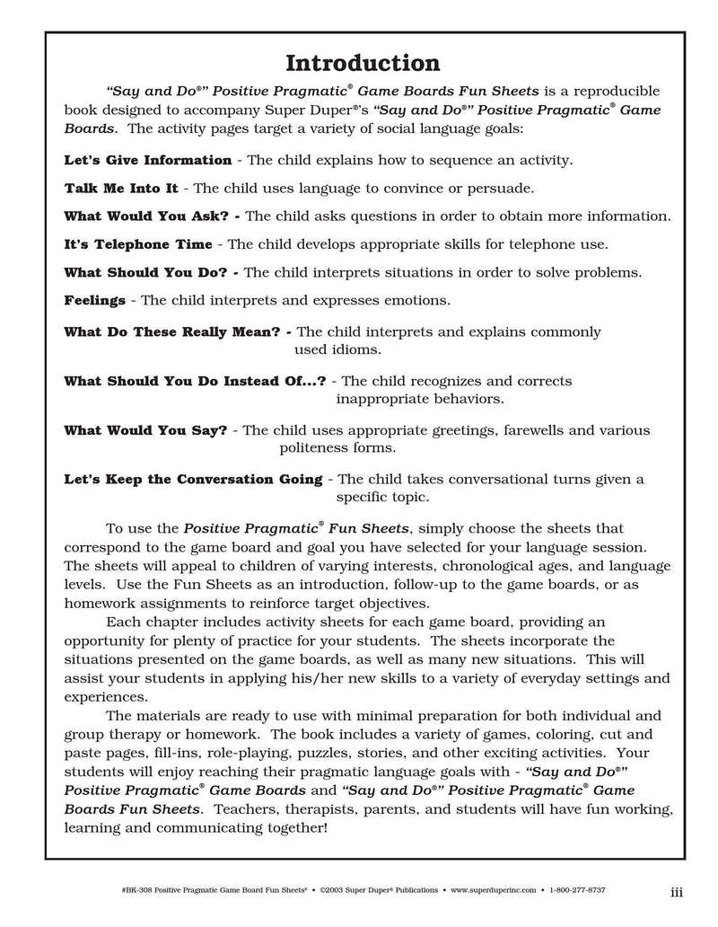 Super Duper Publications  Say and Do Positive Pragmatic Game Board Fun Sheets  Educational Resource for Children,New