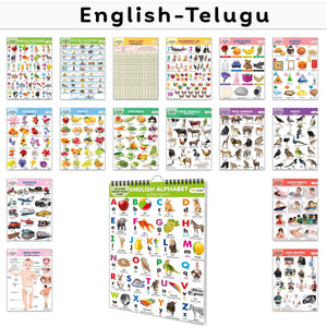 Essential Chart Of All In One : My First All In One Spiral Chart English-Telugu Educational Chart Books For Toddlers Collection With 16 Topics, Return Gifts For Kids