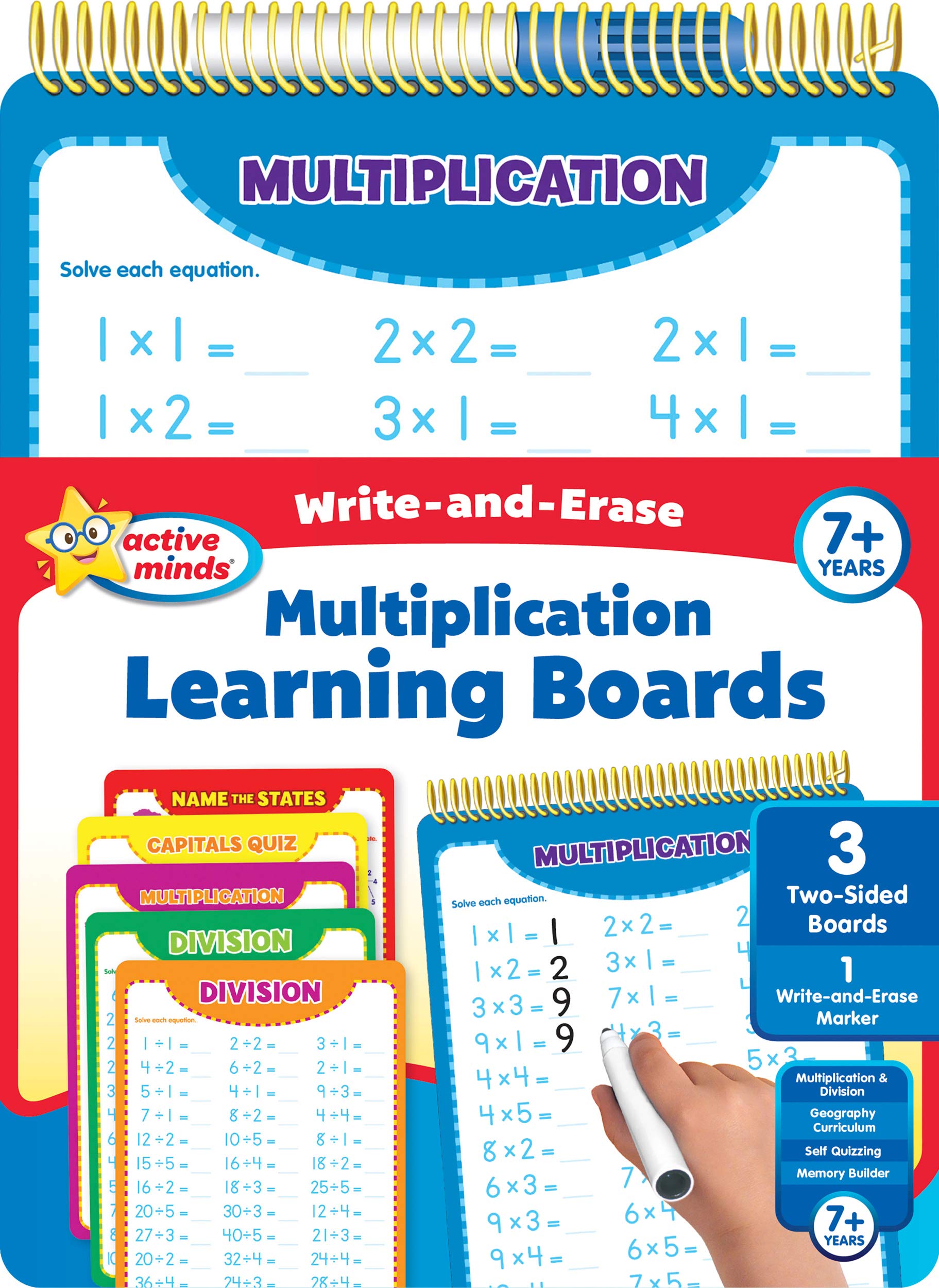 Active Minds  WriteandErase  Wipe Clean Learning Boards Ages 7+  Multiplication, Division, USA States and Capitals,Used