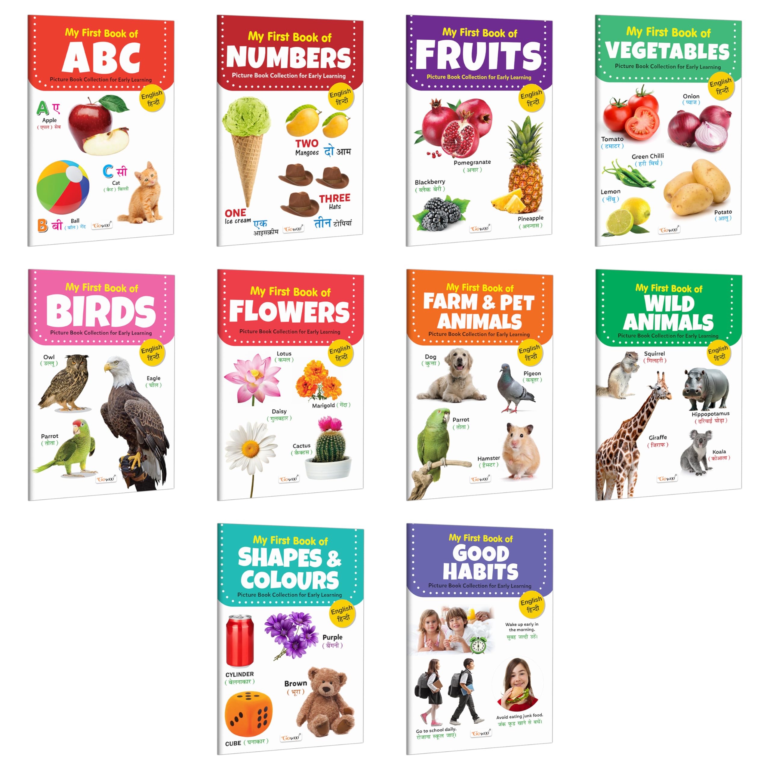 My First Book Of Abc, Numbers, Fruits And More Books (Eng-Hindi): Preschool Learning Library, Toddler Starter Book Pack, Easy Learning With Pictures | Set Of 10 Books