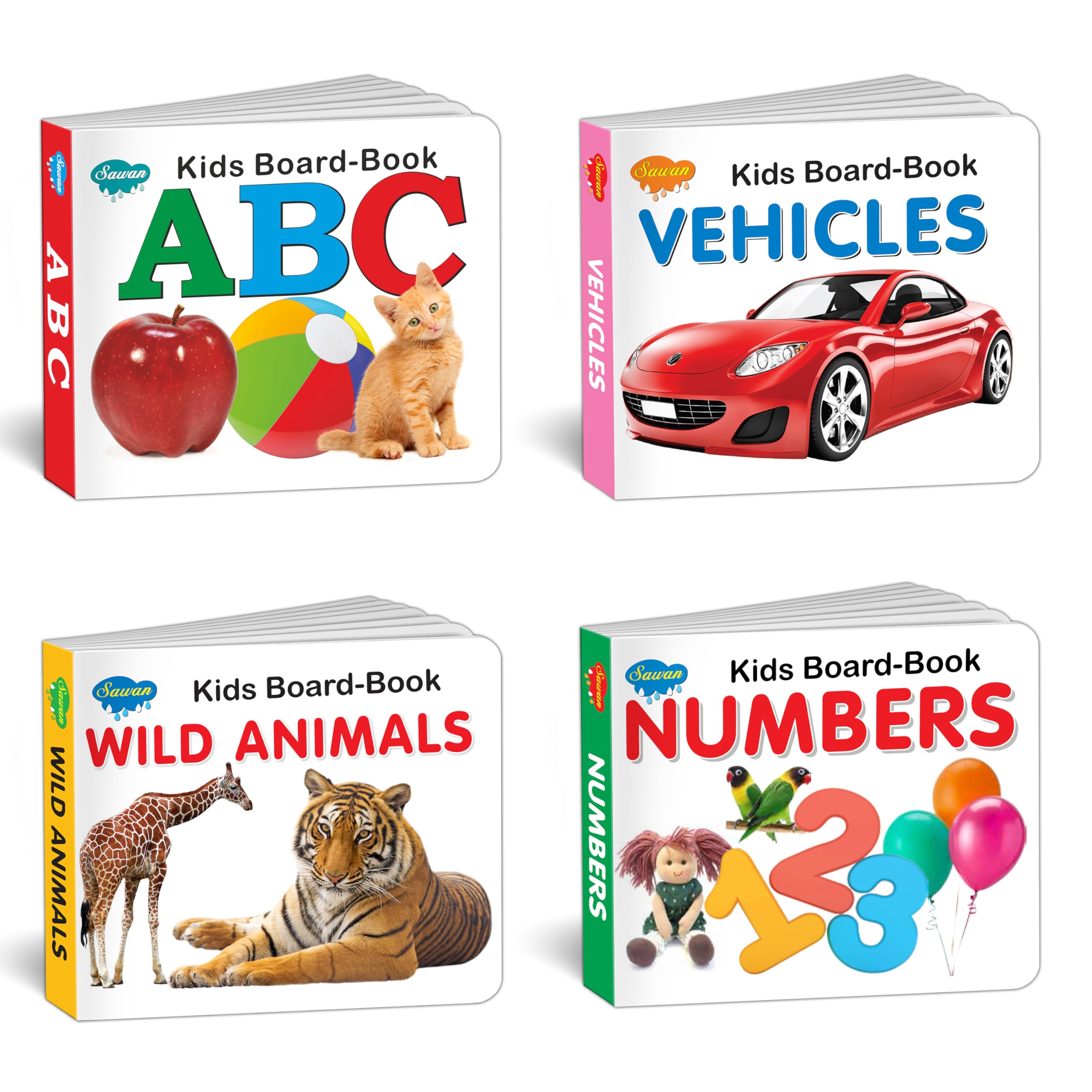Early Learning Little Library Kids Pre-Nursery To Primary Children Baby Books Set For 1 Year Old To 3 Year Old , Set Of 4 Books - Alphabets, Numbers, Vehicles, Wild Animals. Best Books For Toddlers.