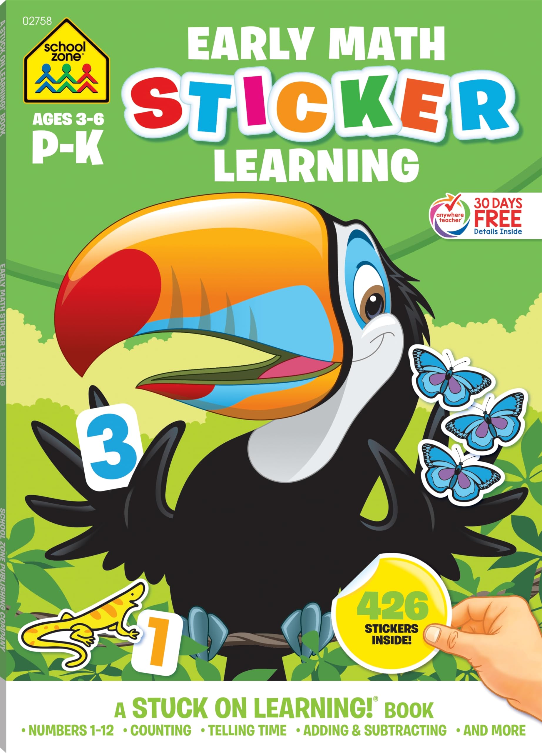 School Zone  Math Stickers Workbook  64 Pages, Ages 3 to 6, Preschool to Kindergarten, 426 Stickers, Counting, Numbers 112, T,New