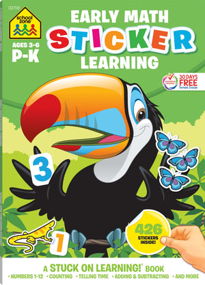 School Zone  Math Stickers Workbook  64 Pages, Ages 3 to 6, Preschool to Kindergarten, 426 Stickers, Counting, Numbers 112, T,New