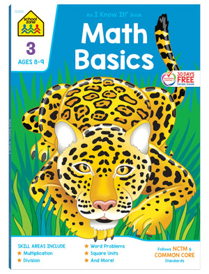 School Zone  Math Basics 3 Workbook  64 Pages, Ages 8 To 9, 3Rd Grade, Multiplication, Division, Word Problems, Place Value, F,Used